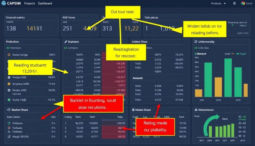 Capsim financial dashboard showing key metrics like ROE, ROS, and market share with annotations
