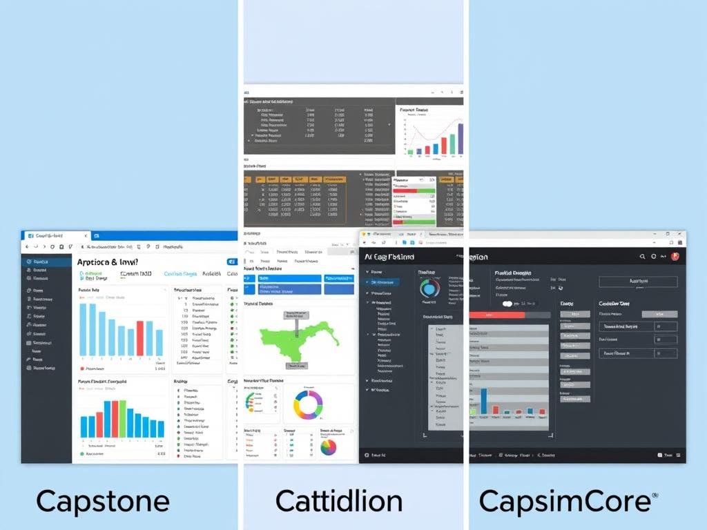 Different Capsim simulation platforms showing interface comparisons between Capstone, Foundation, and CapsimCore
