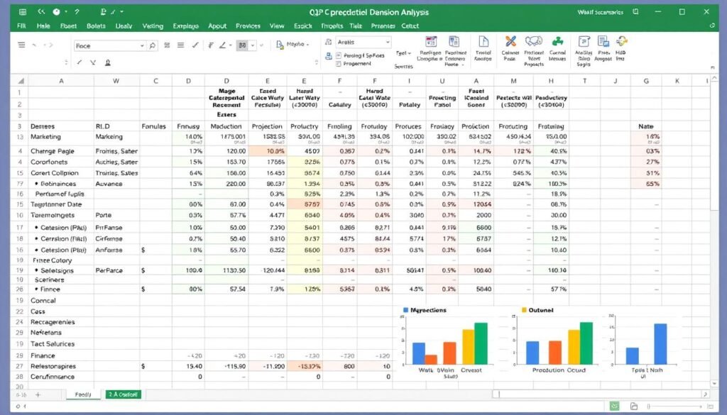 Excel spreadsheet template for Capsim decision analysis showing formulas and projections