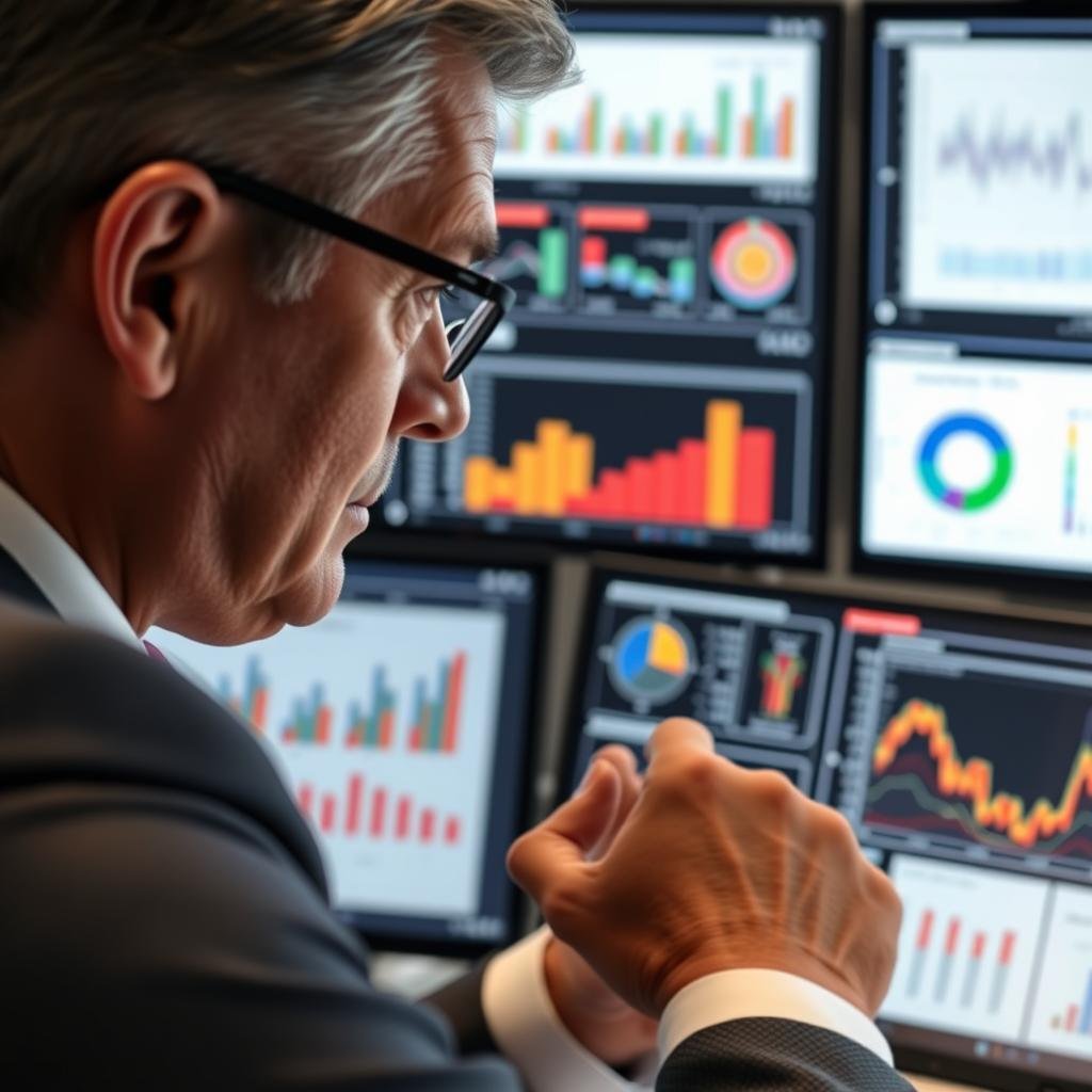 Executive analyzing complex strategic data on multiple screens showing CMI Level 8 Strategic Direction and Leadership frameworks