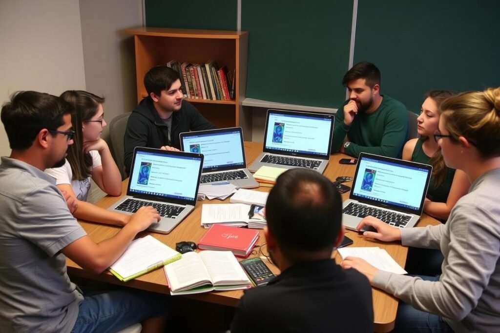 Students discussing common Capsim questions during a study session