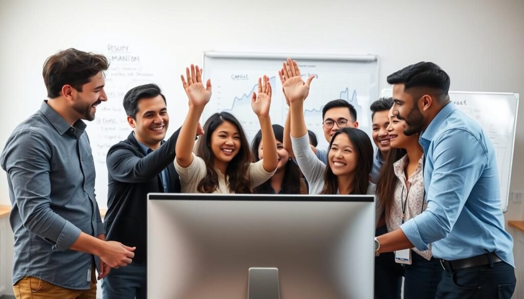 Successful student team celebrating after achieving high performance in their Capsim simulation