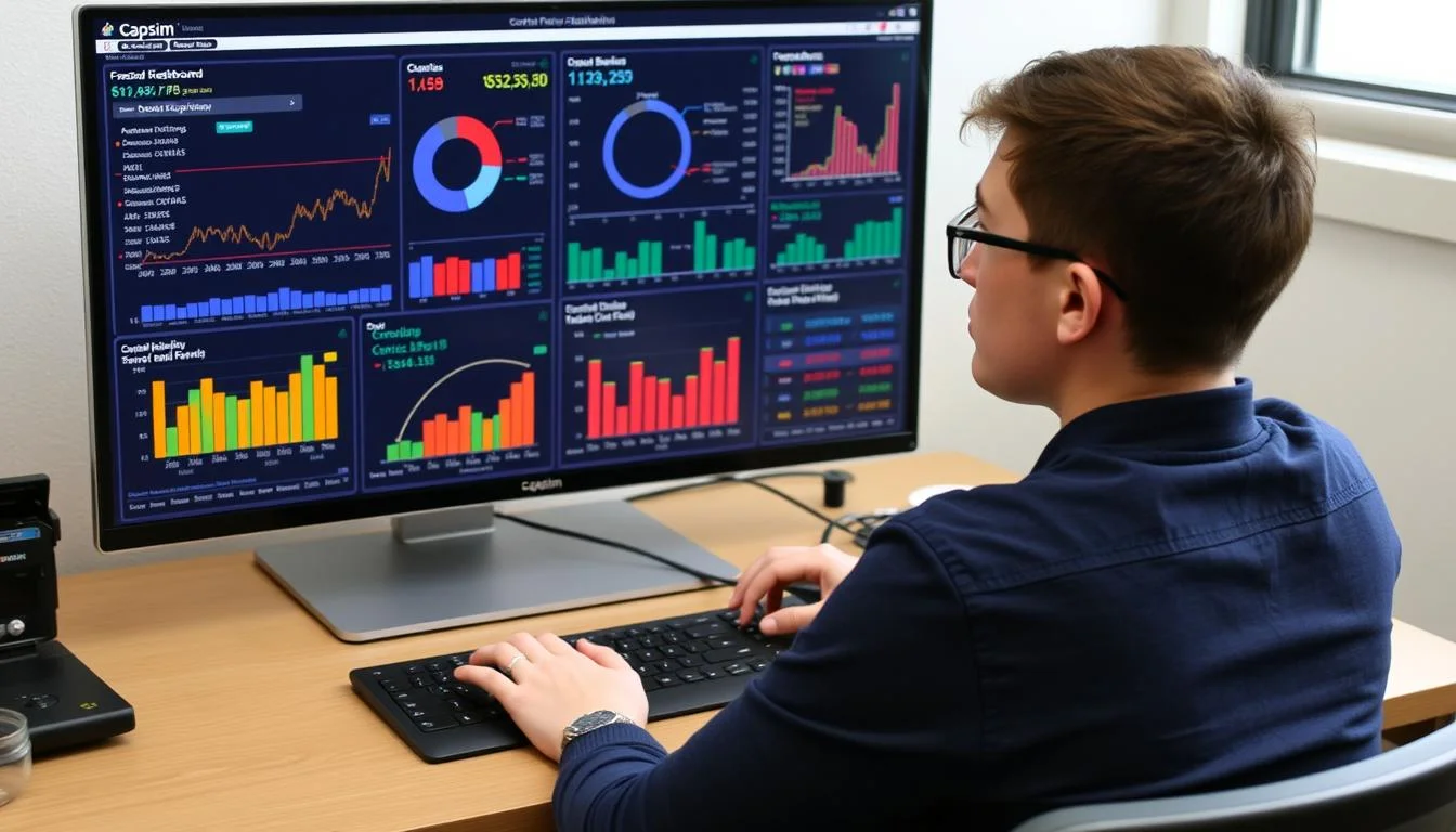 Student analyzing Capsim simulation dashboard with financial metrics and performance indicators